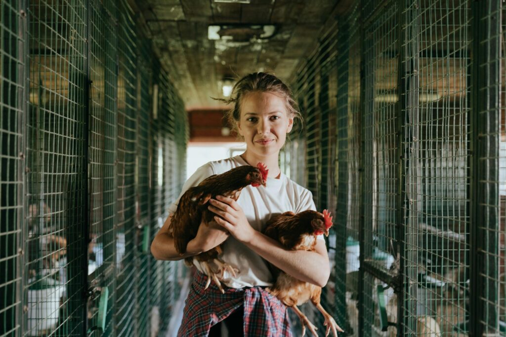 pexels-photo-4911739-4911739 A young woman standing in a chicken coop holding two hens, showcasing farm life.